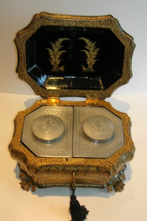 fig 1. Rare & Pristine; Chinoiserie Lacquered Tea Caddy c.1820 With Paktong Cannisters
