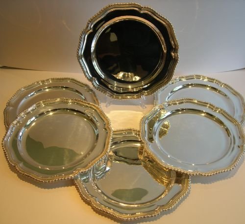 Fabulous Set Six Silver Plated Plates by Maple, London C.1910