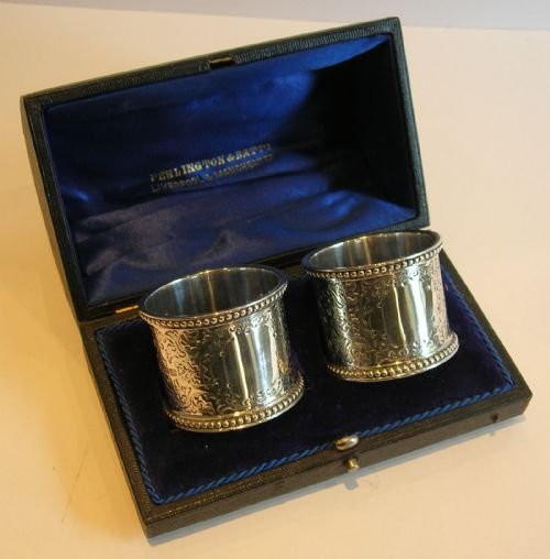 Pair Large Heavy Victorian English Sterling Silver Napkin Rings - 1897