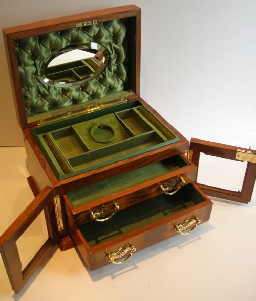 Large Antique English Walnut Jewellery Box / Cabinet - Bevelled Glass Doors C.1890