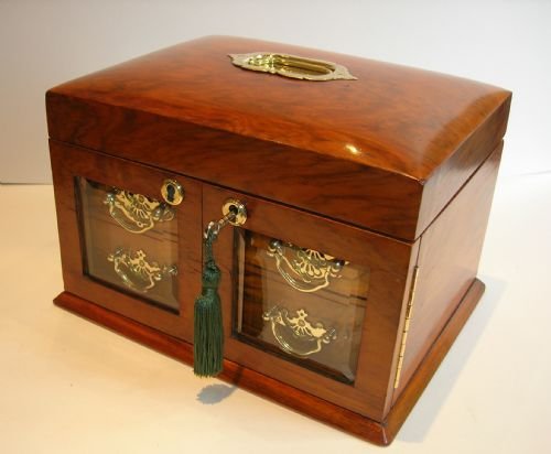 fig 1. Large Antique English Walnut Jewellery Box / Cabinet - Bevelled Glass Doors c.1890