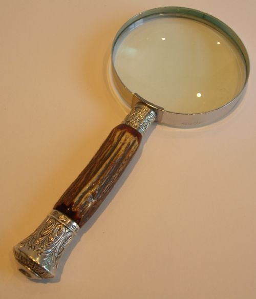 Medium Antler Horn & Sterling Silver Handled Magnifying Glass - 1886