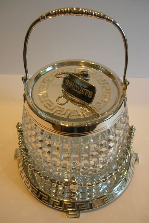 Antique English Biscuits Barrel - Cut Crystal & Silver Plate C.1890