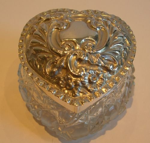Antique Cut Crystal and Sterling Silver Heart Shaped Box - 1903