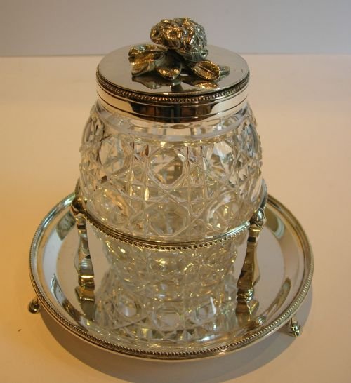 Antique Silver Plate and Glass Preserve Jar with Floral Bouquet Finial C.1890