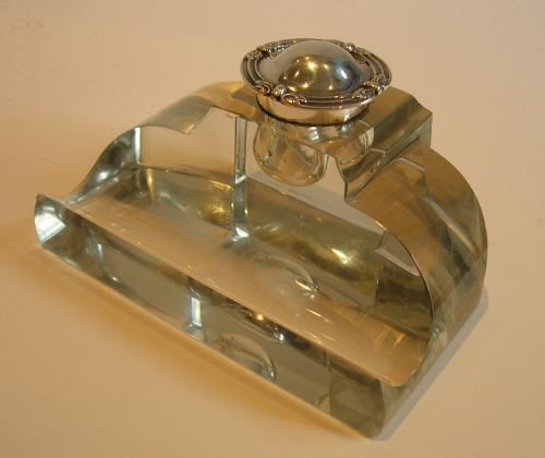 English Glass and Sterling Silver Art Deco Inkwell; London 1926