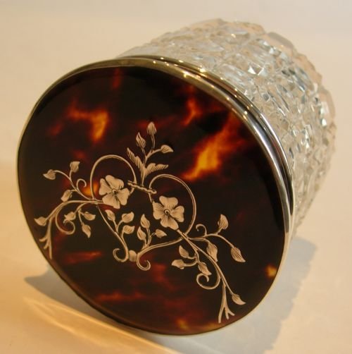 English Cut Glass Vanity Jar - Tortoise Shell & Sterling Silver - 1922