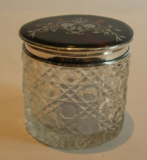 fig 1. English Cut Glass Vanity Jar - Tortoise Shell & Sterling Silver - 1922