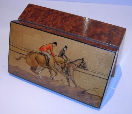 English Burr Cedar Box - Penwork & Hand Painted Hunt Scene - Signed