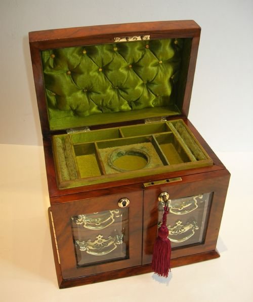 Stunning English Walnut Jewellery Box with Glazed Doors C.1900