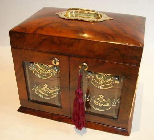 fig 1. Stunning English Walnut Jewellery Box With Glazed Doors c.1900