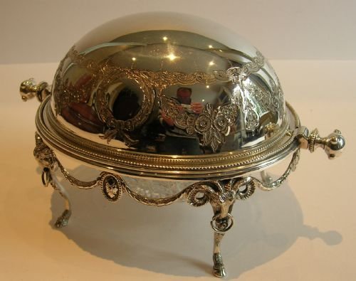 Magnificent Silver Plate & Cut Glass Revolving Butter Dish - Figural - Rams