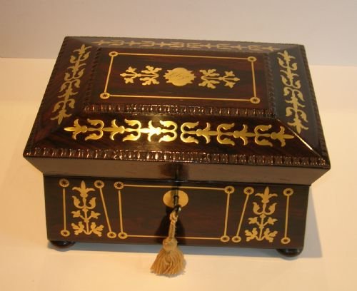 English Regency Rosewood Jewelry Box - Cut Brass Inlay C.1820