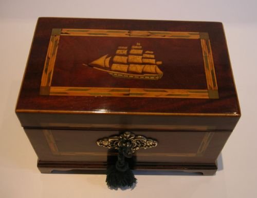 Magnificent Sheraton Tea Caddy - Inlaid with Clipper Ship C.1780