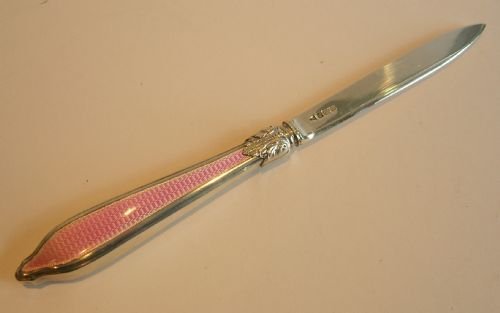 Antique English Sterling Silver & Pink Guilloche Enamel Letter Opener