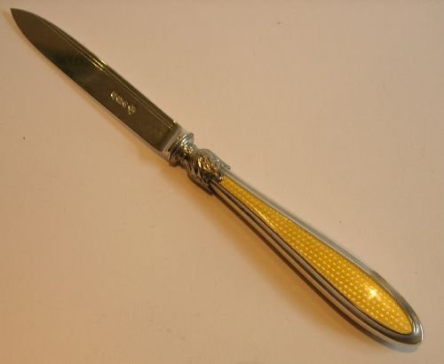 Antique English Sterling Silver & Yellow Guilloche Enamel Letter Opener
