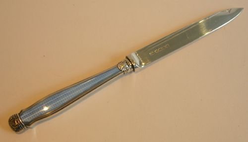 Antique English Sterling Silver & Blue Guilloche Enamel Letter Opener
