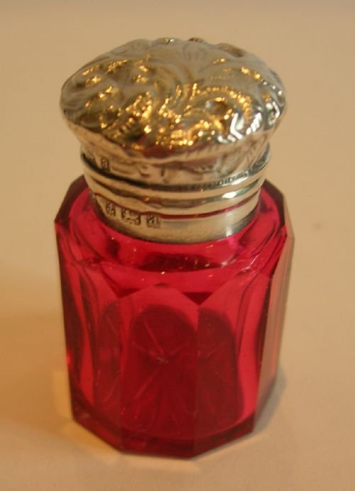 Tiny Antique Cranberry Glass & Sterling Silver Perfume Bottle - 1900