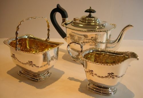 Small Pretty Antique English Silver Plated Tea Set - Garlands and Bows