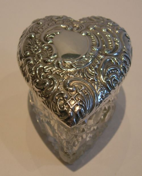 Antique Cut Crystal and Sterling Silver Heart Shaped Box - 1901