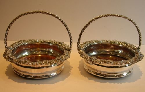 Rare Antique English Silver Plated Wine Coasters with Handles C.1880