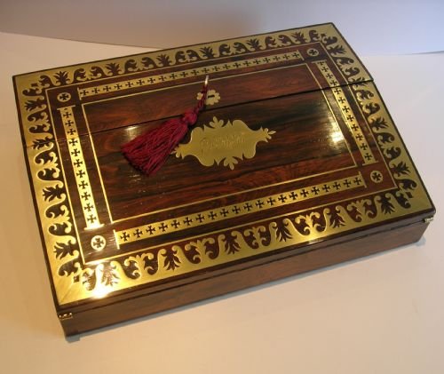 English Regency Rosewood Lap Desk - Intricate Cut Brass Inlay C.1820