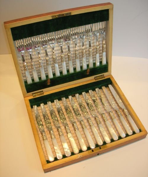 Magnificent Set 12 Fruit Knives & Forks / Mother of Pearl Handles by Watson & Gillot