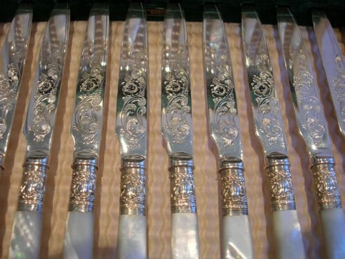 fig 1. Magnificent Set 12 Fruit Knives & Forks / Mother of Pearl Handles by WATSON & GILLOT