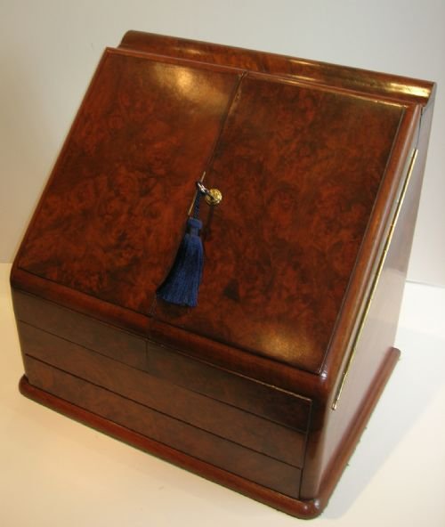 fig 1. Huge English Victorian Stationery / Writing Box In Burr Walnut c.1890