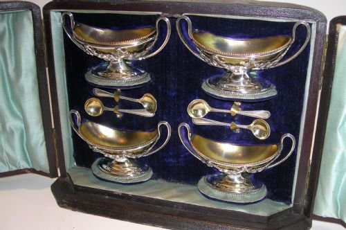 Magnificent Boxed Set Silver Plate & Gilded Salts by Atkin Brothers C.1890
