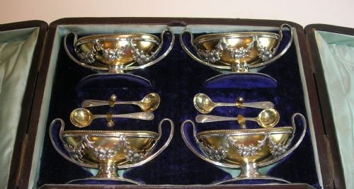 fig 1. Magnificent Boxed Set Silver Plate & Gilded Salts by Atkin Brothers c.1890