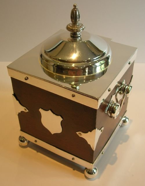 Fabulous English Oak and Silver Plated Biscuit Box / Tea Caddy