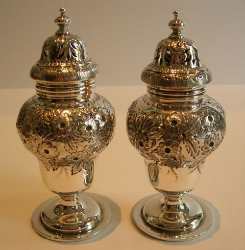 fig 1. Handsome Large Pair Sterling Silver Pepper Pots / Pepperettes - Elkington & Co.