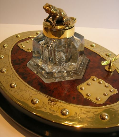 Antique English Burl Walnut Inkstand / Figural Inkwell - Brass Frog C.1880