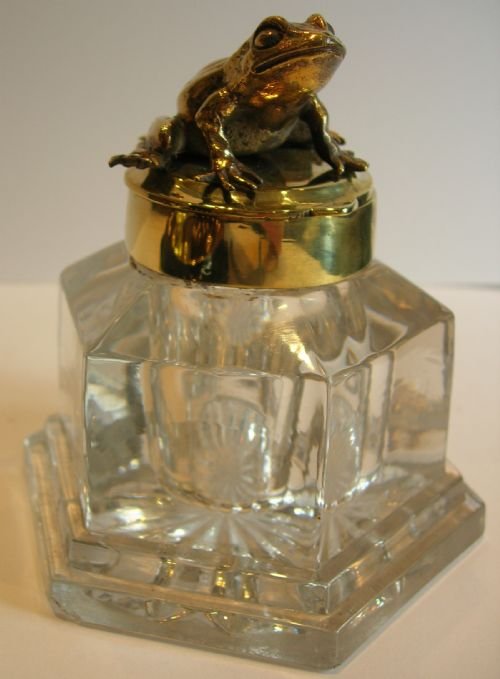 fig 1. Antique English Burl Walnut Inkstand / Figural Inkwell - Brass Frog c.1880