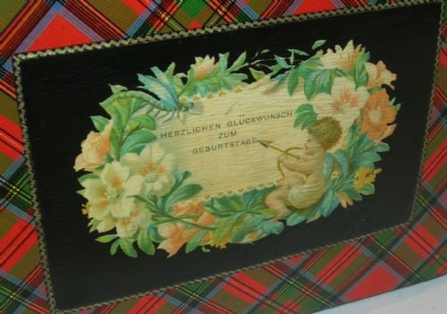 fig 2. Scottish Mauchline Tartan Ware Box - German Birthday Greeting c.1880 - Stuart Tartan