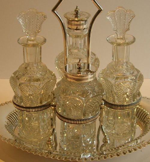 Antique English Cut Crystal & Silver Plated Cruet Set C.1900