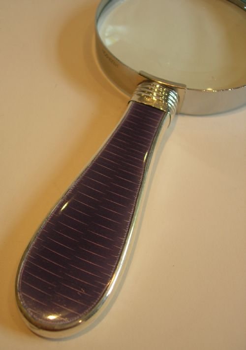 English Sterling Silver and Amethyst Guilloche Enamel Handled Magnifying Glass