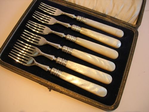 Antique English Sterling Silver & Mother of Pearl Cake or Desert Forks - 1880
