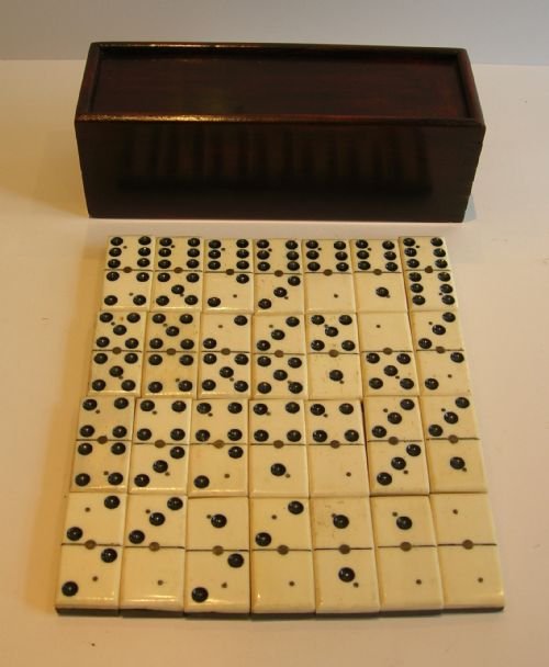 Antique English Boxed Set Bone & Ebony Wood Dominoes C.1890