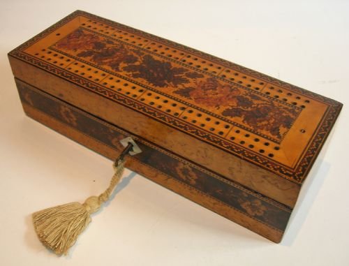 Unusual Tunbridge Ware Cribbage / Games Box in Burr Ash C.1870