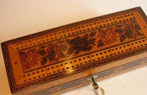 fig 1. Unusual Tunbridge Ware Cribbage / Games Box in Burr Ash c.1870