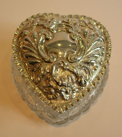 Large Antique Cut Crystal and Sterling Silver Heart Shaped Box - 1903