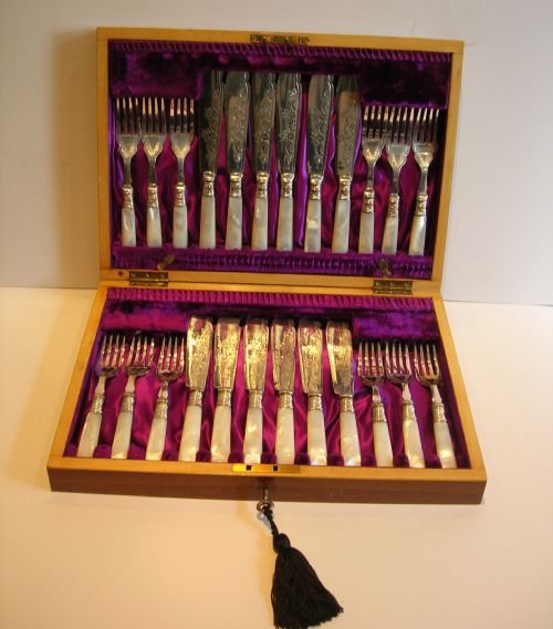 Antique English Set Fish Knives & Forks for Twelve - Silver Plate - Sterling Ferrules 1899