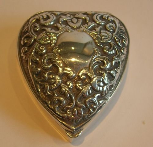 Antique English Sterling Silver Heart Shaped Box - 1895