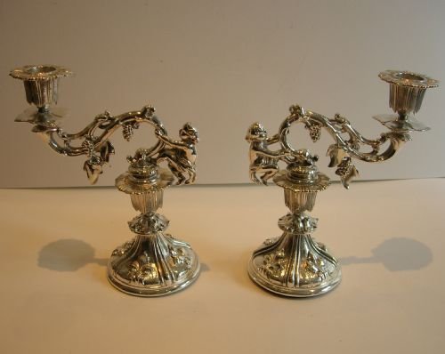 Charming Antique French Silver Plated Candlesticks - Cherubs C.1880