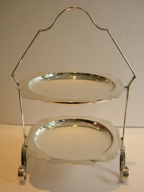English Silver Plated Two Tier Cake Stand C.1920 - Heart Engraved Plates