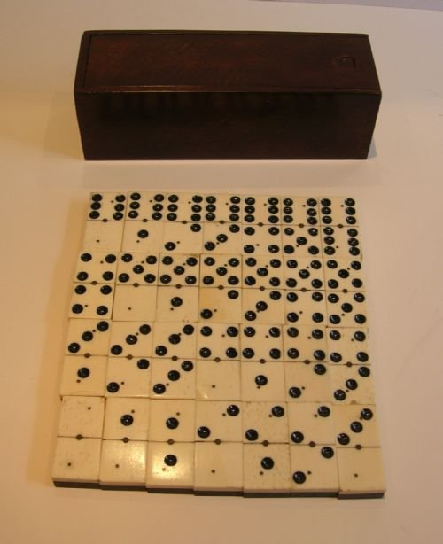 Antique English Boxed Set Bone & Ebony Wood Dominoes C.1890
