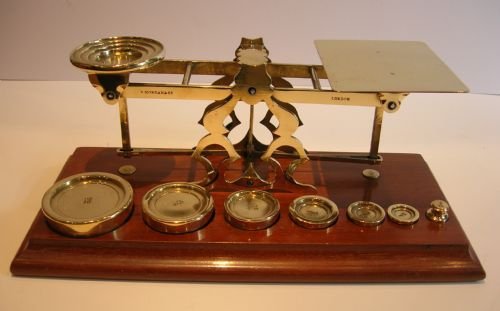 fig 1. Large Antique English Mahogany & Brass Postal Scale - Sampson Mordan