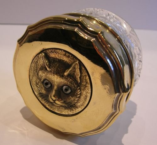 Antique English Glass Jar - Cast Brass Cat with Glass Eyes C.1900